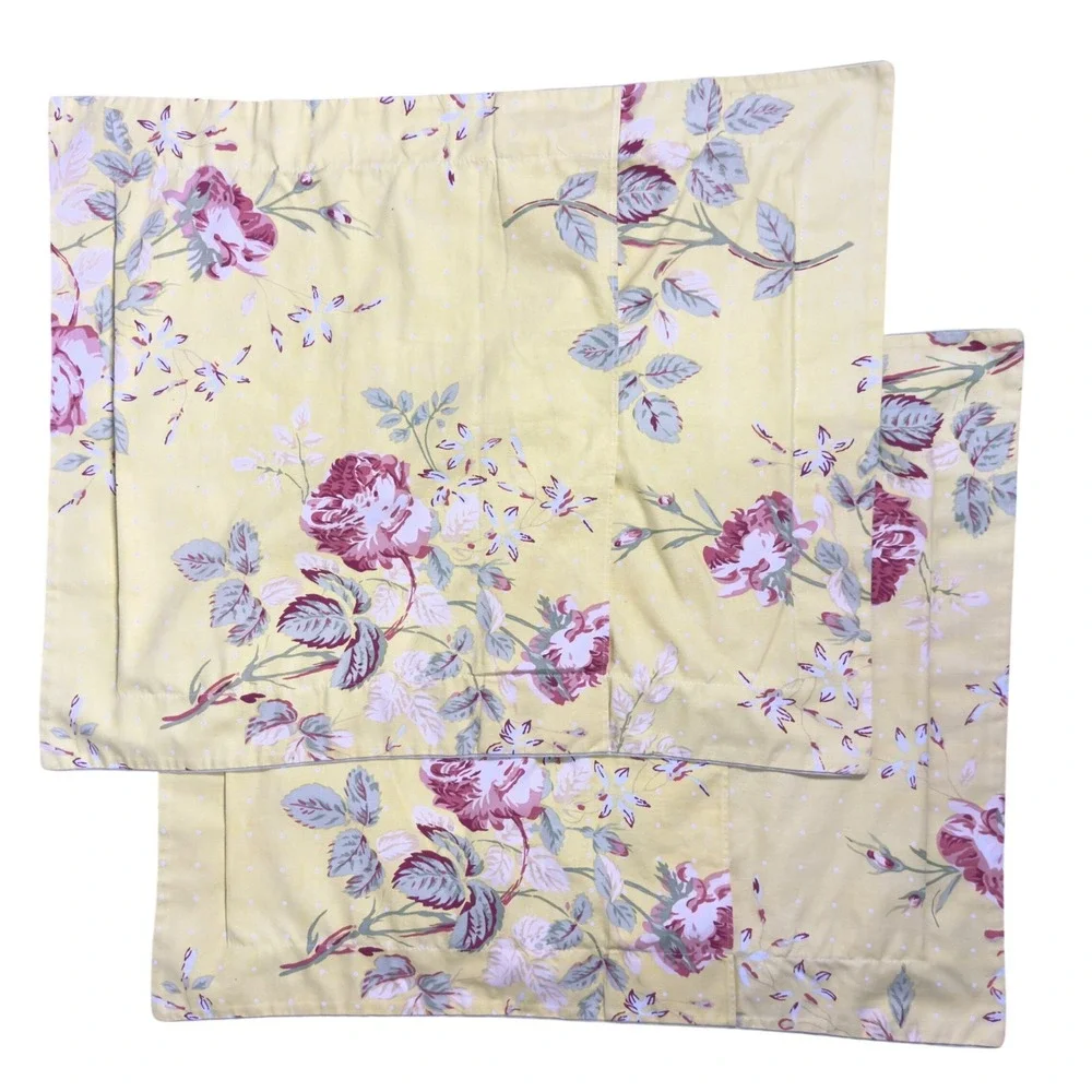 Pair Cottage Floral Full Size Pillow Shams‎ Yellow Rose Sage Green Traditional